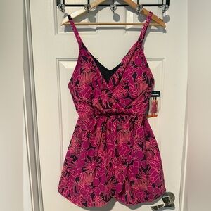 Lands’ End Floral Wrap Mini Swim Dress One Piece Swimsuit Sz XXL Pink Black NWT